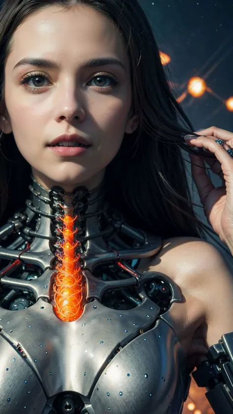 concept art , (masterpiece:1.3), (best quality:1.3), biogan, biopunk, mesmerizing portrait of a biomechanical woman with a touch of cosmic energy emanating from her metallic skin, features with elegant circuitry patterns that glow in vibrant hues, amplifying her ethereal presence, <lora:biogunv2:0.7> . digital artwork, illustrative, painterly, matte painting, highly detailed