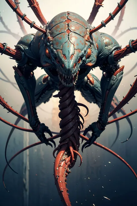 Abstract style , (masterpiece:1.3), (best quality:1.3), biogan, biopunk, Intricate metallic exoskeleton harmoniously entwined with organic sinew, a mesmerizing biomechanical creature emerges from the depths of imagination, <lora:biogunv2:0.5> . Non-representational, colors and shapes, expression of feelings, imaginative, highly detailed