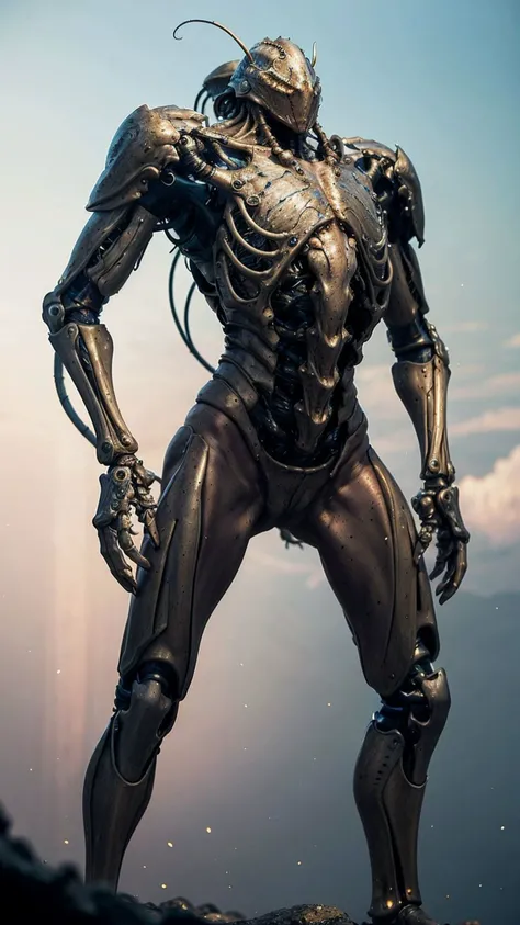 concept art , (masterpiece:1.3), (best quality:1.3), biogan, biopunk, Intricate metallic exoskeleton creature, harmoniously entwined with organic sinew, a mesmerizing biomechanical creature emerges from the depths of imagination, <lora:biogunv2:0.7> . digital artwork, illustrative, painterly, matte painting, highly detailed