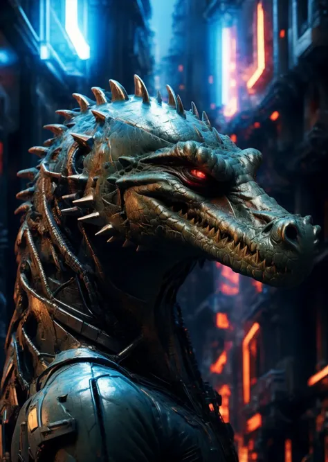 side view, epicness, city, biogan, ((((cyber)))), (angry crocodile in a red jacket ),real,detailed,detailed eyes,detailed face,best quality,professional photo,photorealism,high quality,volumetric,ray tracing,HDR,4K,8k,absurd res,max shading,((masterpiece)) , <lora:biogunv2:0.1> <lora:CyberWorld v1.1:1> <lora:ReaLora:0.1>