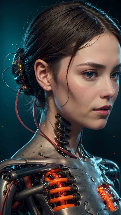 concept art , (masterpiece:1.3), (best quality:1.3), biogan, biopunk, hyperrealistic portrait of a biomechanical woman with intricate metallic veins, glowing neon circuitry adorning her face, and vividly colored mechanical wires emerging from her back, <lora:biogunv2:0.7> . digital artwork, illustrative, painterly, matte painting, highly detailed