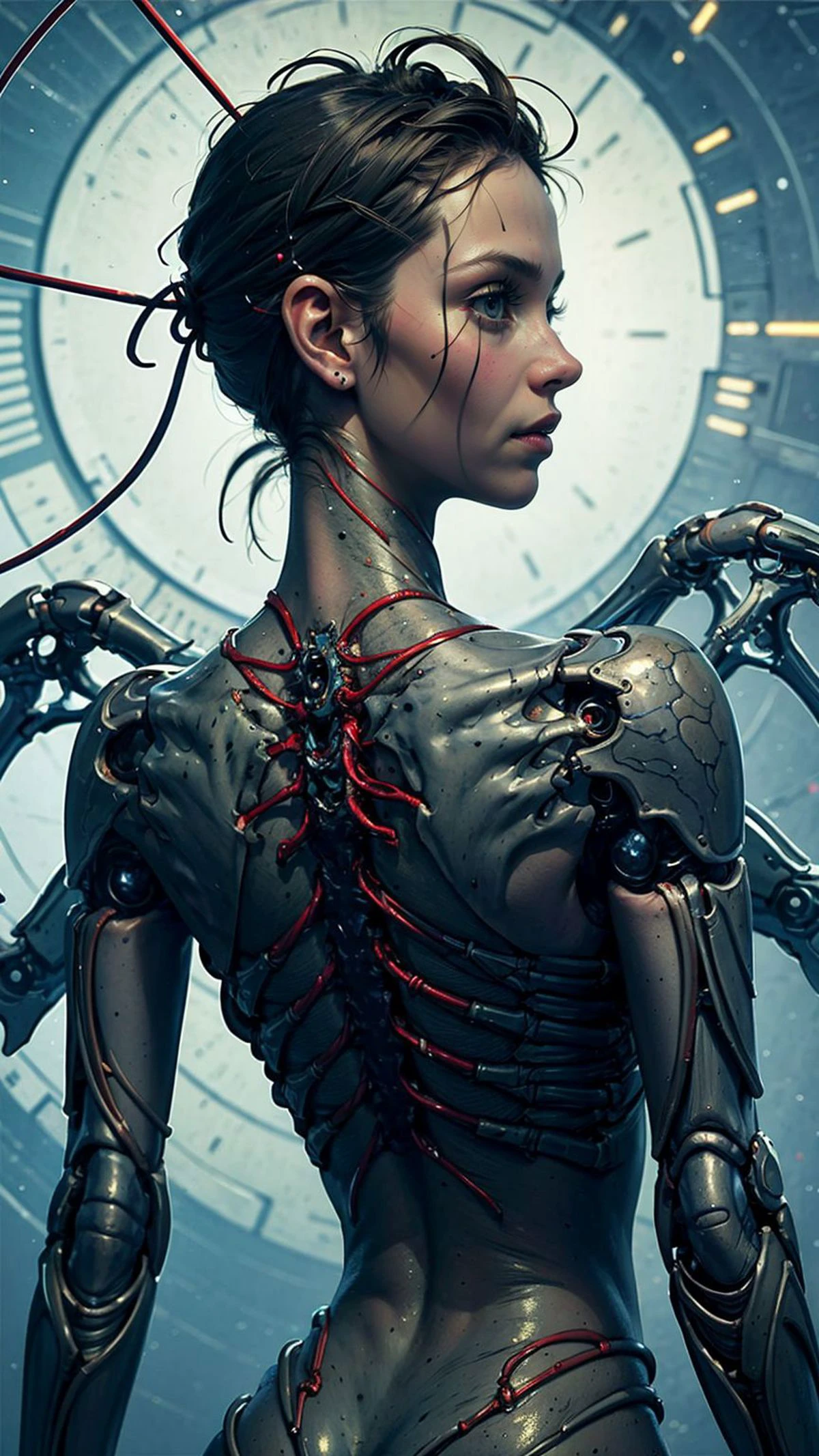 Horror-themed , (masterpiece:1.3), (best quality:1.3), biogan, biopunk, hyperrealistic portrait of a biomechanical woman with intricate metallic veins, glowing neon circuitry adorning her face, and vividly colored mechanical wings emerging from her back, <lora:biogunv2:0.7> . Eerie, unsettling, dark, spooky, suspenseful, grim, highly detailed