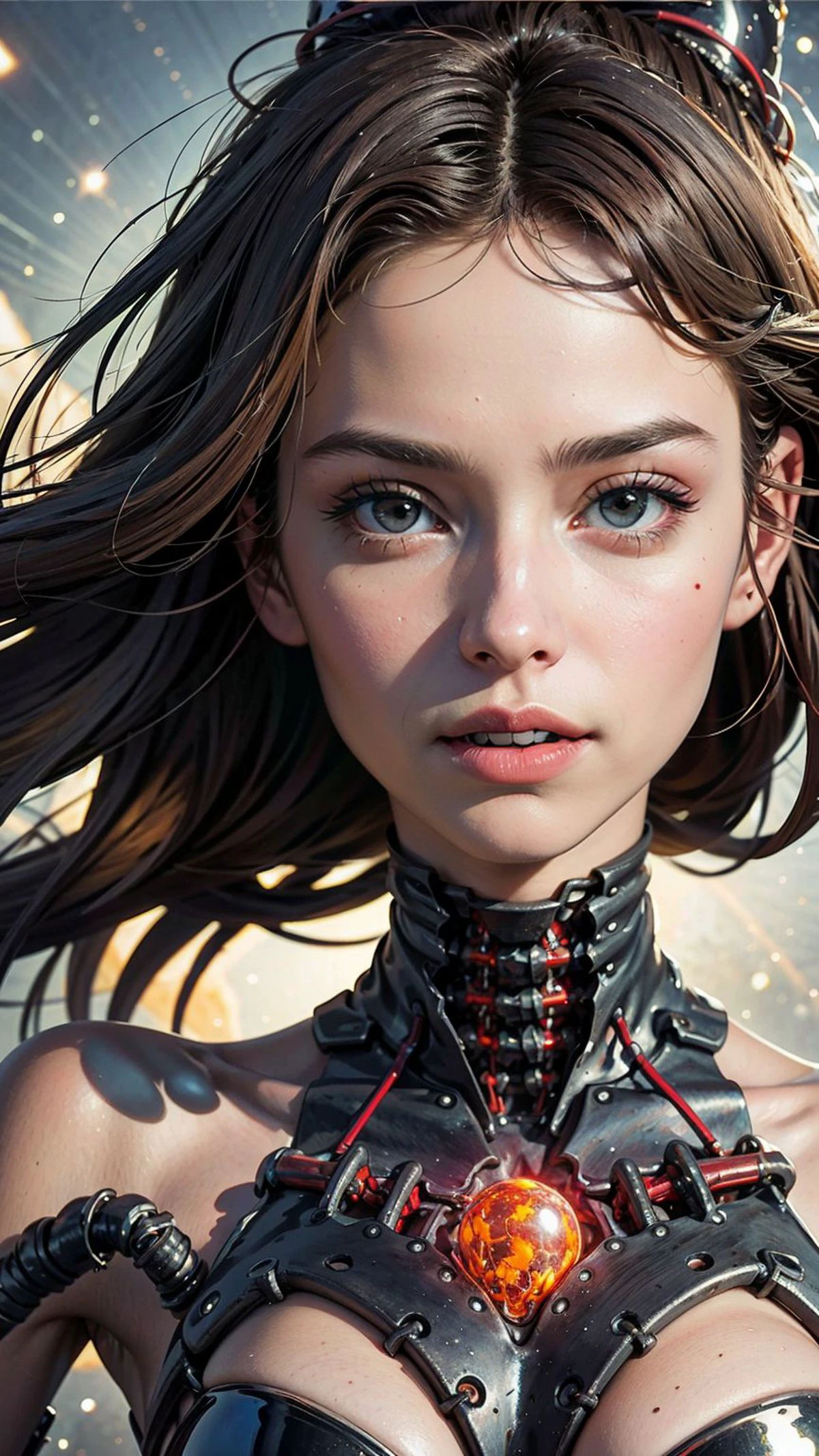 Hyperrealistic art , (masterpiece:1.3), (best quality:1.3), biogan, biopunk, mesmerizing portrait of a biomechanical woman with a touch of cosmic energy emanating from her metallic skin, features with elegant circuitry patterns that glow in vibrant hues, amplifying her ethereal presence, <lora:biogunv2:0.7> . Extremely high-resolution details, photographic, realism pushed to extreme, fine texture, incredibly lifelike
