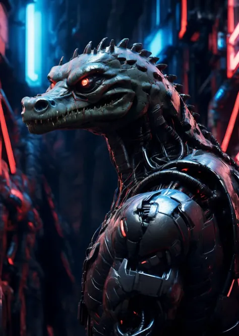 ((terminator)), side view, city, ((biogan)), ((((cyber)))), (smiling crocodile in a red jacket),real,detailed,detailed eyes,detailed face,best quality,professional photo,photorealism,high quality,volumetric,ray tracing,HDR,4K,8k,absurd res,max shading,((masterpiece)) , <lora:biogunv2:0.1> <lora:Cyber_relib_80st_64_128:1> <lora:ReaLora:0.1>