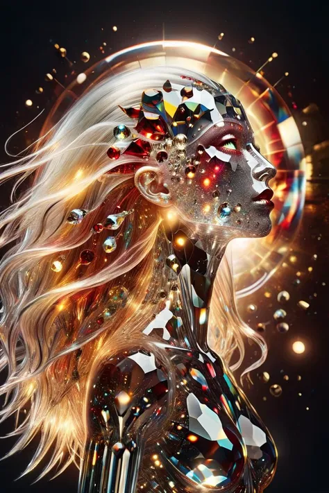 Depict an abstract crystal alien woman, extremely long flowing red crystalline hair, ruby and obsidian eyes, looking sideways, profile, seductive dynamic pose, black hole, hyperspace, crystal explosions in the background, quantum gravity, mesmerizing art, depth, linear perspective, yellow halo, triangular shapes in space, silk screening style, vivid hallucination, shapeshifting, shape shift, shape shifting, immersive atmosphere, immersive art, Ali Banisadr + Piet Mondrian + Salvador Dali <lora:Kandinsky:0.7>, Cimema4D render, glass:2 <lora:ral-crztlgls-sdxl:1.2> ral-crztlgls