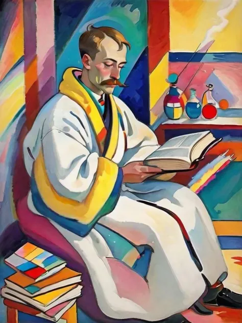 1900s Russian landowner with a book in a bathrobe, (bright colors:1.2), Kandinsky <lora:Kandinsky:1.0>