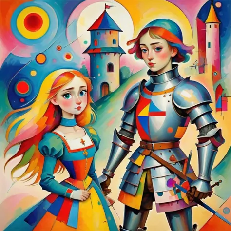 medieval girl and a knight, (bright colors:1.2), Kandinsky <lora:Kandinsky:1.0>