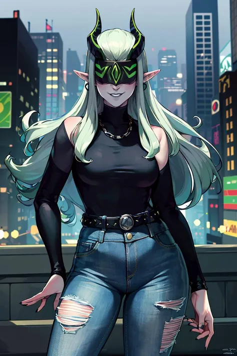 ((masterpiece,best quality)), absurdres, <lora:Shemira_AFK:0.8>, Shemira_AFK, pointy ears,
covered eyes, grey skin, (black leather jacket, ripped denim jeans, belt chain), solo, smiling, smug, looking at viewer, cowboy shot, cinematic composition, contrapposto,
modern city,