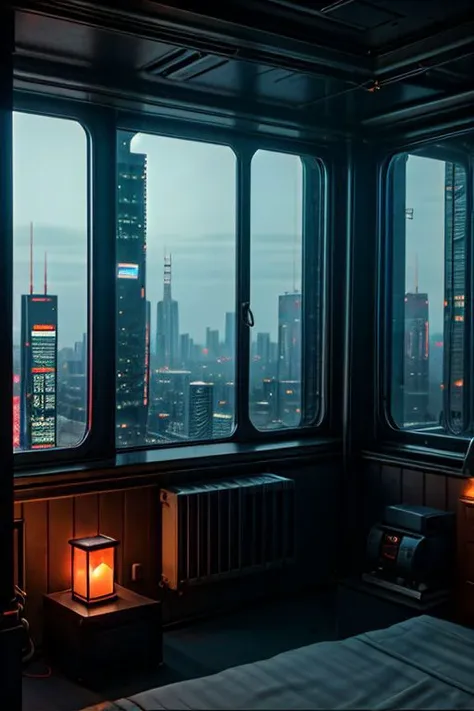 cozy room with a panoramic window overlooking the cyberpunk city