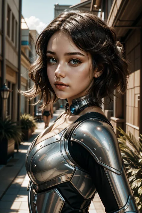 a cute 16 year old girl, highly detailed face, detailed eyes, long eyelashes, small nose, cute lips, flat chest, nude, dirty, high tech futuristic armor covering some bodyparts, destroyed post-apocalyptic city background, cinematic lighting, dramatic colors, intricate details, 8k, masterpiece, photorealistic