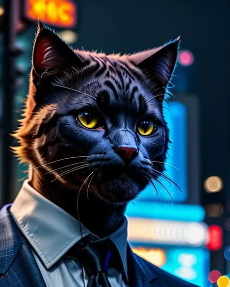 anthropomorphic (cat:1.2) businessman, (closeup:0.3), neutral colors, neonpunk light, in the city, ((realism)), (focus on:1.2), (blurry background:1.3), ((((cinematic look)))), soothing tones, insane details, intricate details, hyperdetailed, low contrast, soft cinematic light, dim colors, exposure blend, hdr, faded, slate gray atmosphere