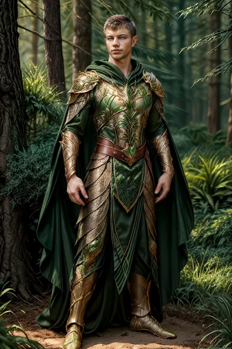 (full body), male focus, photo of BrettSwanson, realism, forest background, dynamic pose, wearing intricate (green and gold) armor, breastplate, belt, embroidered cloak, elar, <lora:BrettSwanson:0.8> , heroic posing, relaxed natural expression, elar, <lora:ElvenArmor-10:0.6>, professional light, cinematic lighting, fashion photography, ambient lighting, <lora:add_detail:0.3>