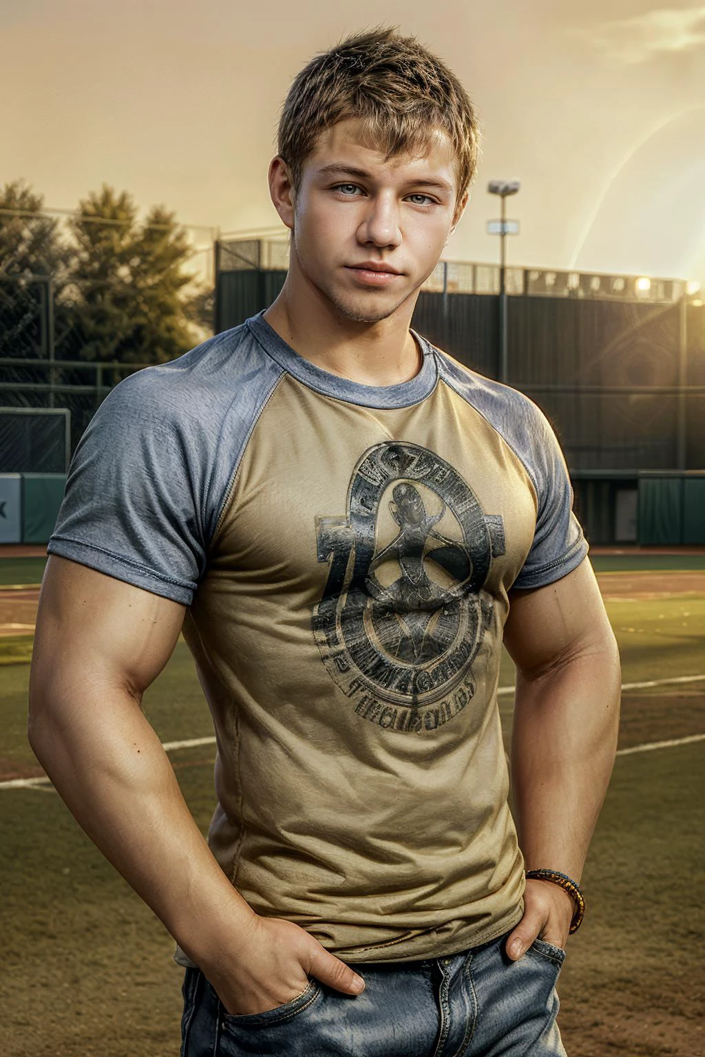 photo of a BrettSwanson wearing a raglan-shirt and jeans, baseball field <lora:BrettSwanson:0.8> , realism, posing, golden hour, relaxed natural expression, <lora:add_detail:0.5>, wristband