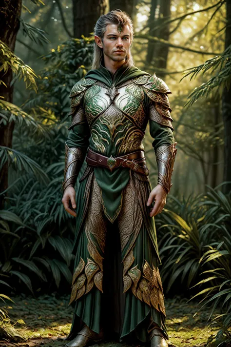 (full body), male focus, photo of BrettSwanson, realism, forest background, dynamic pose, looking at viewer, wearing intricate (green and gold) armor, breastplate, belt, (holding a sword), bow on the back, leaf pattern, embroidered cloak, elar, <lora:BrettSwanson:0.8> , heroic posing, relaxed natural expression, elar, <lora:ElvenArmor-10:0.6>, professional light, cinematic lighting, fashion photography, ambient lighting, <lora:add_detail:0.3>