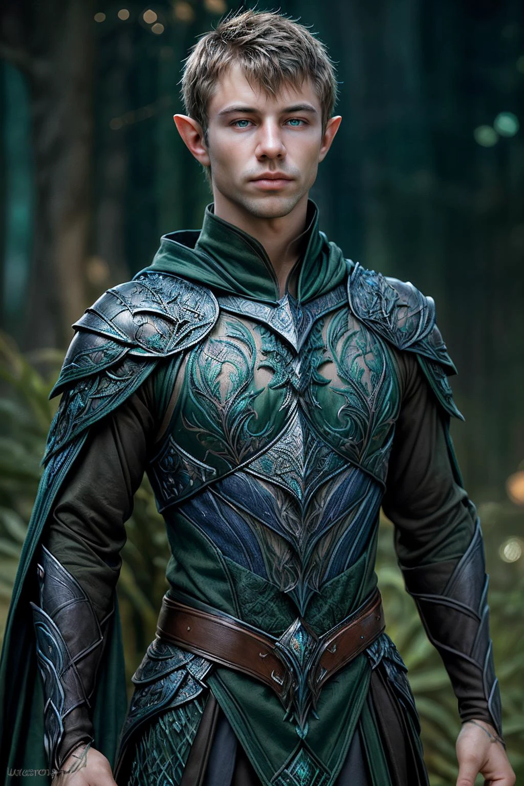 male focus, photo of BrettSwanson, realism, adventurous, wearing intricate green and blue elven armor, breastplate, belt, embroidered cloak, elar, <lora:BrettSwanson:0.8> , <lora:ElvenArmor-10:0.6>, professional light, cinematic lighting, fashion photography, ambient lighting, <lora:add_detail:0.3>, light bokeh