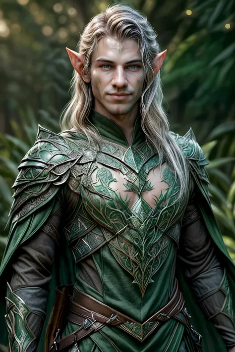 smirk, elven warrior, male focus, photo of BrettSwanson, realism, forest background, heroic posing, wearing intricate green and cerulean elven armor, breastplate, belt, embroidered cloak, elar, <lora:BrettSwanson:0.8> ,  <lora:ElvenArmor-10:0.7>, professional light, cinematic lighting, fashion photography, ambient lighting, <lora:add_detail:0.3>, light bokeh