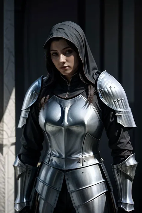 female (knight assassin:1.3) in white suit, (closeup:0.7)