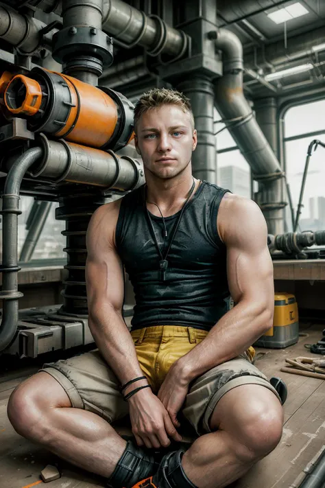 realism, <lora:BrandonEvans:0.8> BrandonEvans as a construction worker inside a futuristic-industrial-background, <lora:ConstructionyardAIV3:0.5> constructionyardai theme, tank top, shorts, sitting