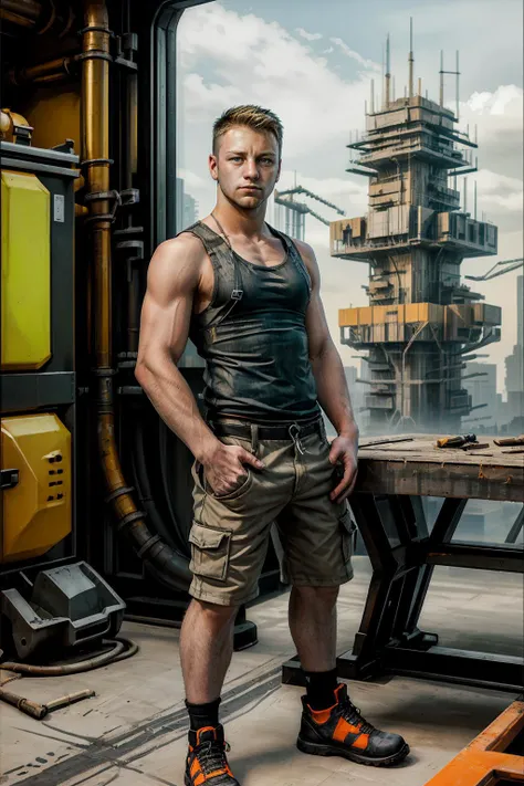 realism, <lora:BrandonEvans:0.8> BrandonEvans as a construction worker inside a futuristic-industrial-background, <lora:ConstructionyardAIV3:0.5> constructionyardai theme, tank top, shorts