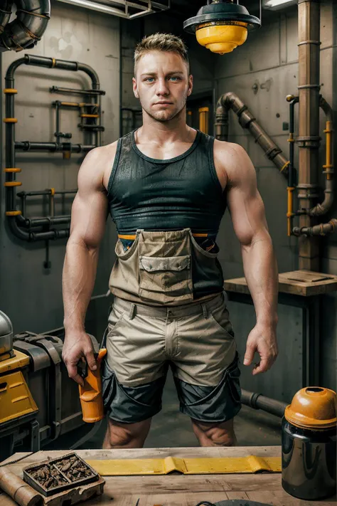 realism, <lora:BrandonEvans:0.8> BrandonEvans as a construction worker inside a futuristic-industrial-background, <lora:ConstructionyardAIV3:0.5> constructionyardai theme, tank top, shorts