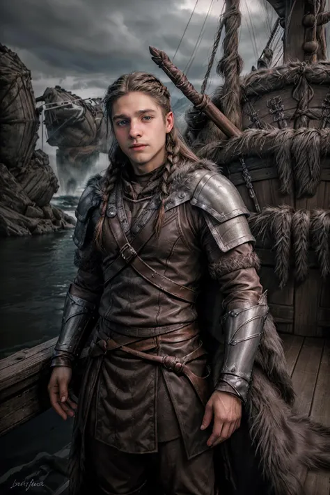 male focus, sc_calvin <lora:sc_calvin-06:0.8> confident expression, <lora:v1k1ng:0.5> dressed as V1k1ng, furs, leather armor, braids, in a long ship, natural lighting, soft diffused lighting, dramatic landscape, nordic photography,