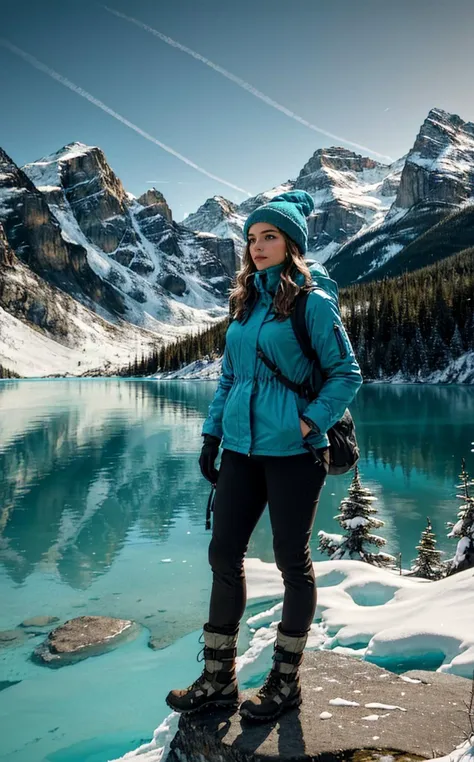 (masterpiece, wide angle, cinematic establishing shot, young adult european woman, highly detailed background:1.2),volumetric lighting,subsurface scattering,dynamic pose,(special effects, color grading, fantasy aura),(high quality:1.4),(best quality:1.4),(masterpiece:1.4),official art,official wallpaper,surreal,(detailed landscape:1.1),(whimsical atmosphere:1.1),(powerful energy:1.1),vibrant colors,(detailed:1.05),(extremely detailed:1.06),sharp focus,(intricate:1.03),cinematic lighting,(extremely intricate:1.04),(adorned:1.09), (style of Ansel Adams), [pristine wilderness:Banff National Park majesty:0.9] landscape, capturing the awe-inspiring beauty of Banff National Park, Canada, through a visitor's journey. Amidst this picturesque setting, a figure emerges, a woman who personifies the adventurous spirit of those drawn to the wild. Her attire is a ((sophisticated blend of outdoor elegance and practicality)), featuring a warm, fitted parka that reflects the icy hues of the park's turquoise lakes, paired with rugged, waterproof hiking boots ready to tread the varied terrains. Her outfit is thoughtfully accessorized with thermal gloves and a woolen beanie, ensuring warmth against the crisp mountain air, while a lightweight backpack carries essentials for her day's exploration. She stands before a breathtaking vista: the vivid turquoise waters of a glacial lake, so vibrant they seem otherworldly, contrasted against the stark, majestic backdrop of snow-capped mountains. The dense, verdant pine forests envelop the scene, adding a sense of depth and serenity. The composition captures a moment of reflection, as she gazes across the landscape, her presence small yet significant amidst the vastness of nature. The photograph encapsulates the tranquility and grandeur of Banff, with the subject serving as a bridge between the viewer and the sublime beauty of the Canadian Rockies, inviting a sense of wonder and exploration.