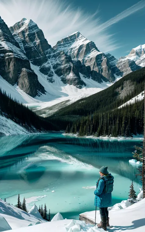 (style of Ansel Adams), [pristine wilderness:Banff National Park majesty:0.9] landscape, capturing the awe-inspiring beauty of Banff National Park, Canada, through a visitor's journey. Amidst this picturesque setting, a figure emerges, a woman who personifies the adventurous spirit of those drawn to the wild. Her attire is a ((sophisticated blend of outdoor elegance and practicality)), featuring a warm, fitted parka that reflects the icy hues of the park's turquoise lakes, paired with rugged, waterproof hiking boots ready to tread the varied terrains. Her outfit is thoughtfully accessorized with thermal gloves and a woolen beanie, ensuring warmth against the crisp mountain air, while a lightweight backpack carries essentials for her day's exploration. She stands before a breathtaking vista: the vivid turquoise waters of a glacial lake, so vibrant they seem otherworldly, contrasted against the stark, majestic backdrop of snow-capped mountains. The dense, verdant pine forests envelop the scene, adding a sense of depth and serenity. The composition captures a moment of reflection, as she gazes across the landscape, her presence small yet significant amidst the vastness of nature. The photograph encapsulates the tranquility and grandeur of Banff, with the subject serving as a bridge between the viewer and the sublime beauty of the Canadian Rockies, inviting a sense of wonder and exploration.  HairDetail EyeDetail