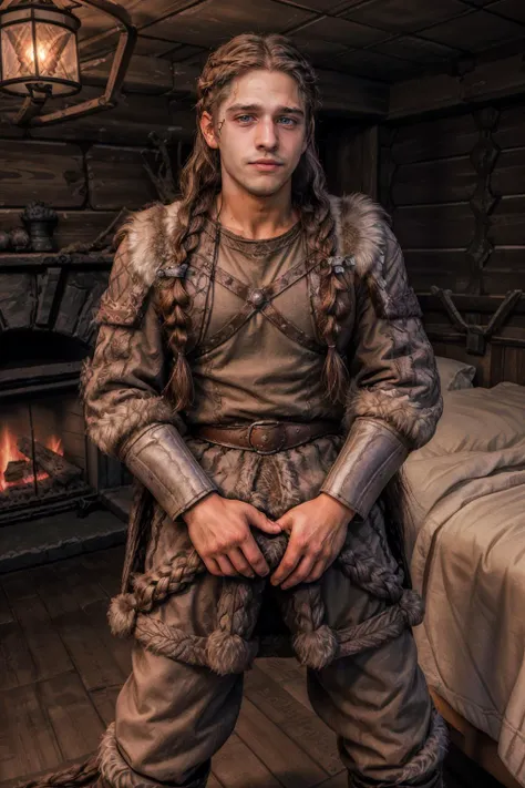 male focus, sc_calvin <lora:sc_calvin-06:0.8> confident expression,   <lora:v1k1ng:0.5> dressed as V1k1ng, furs, braids, in (Viking) longhouse bedroom, jarl, natural lighting, soft diffused lighting, wood fire, cozy, warm, bearskin rugs