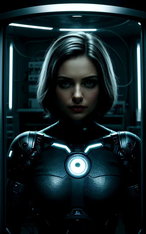 A woman, a pioneering AI developer, stands in her lab, surrounded by screens displaying code and digital consciousness, reflecting the dawn of sentient machines. HairDetail EyeDetail