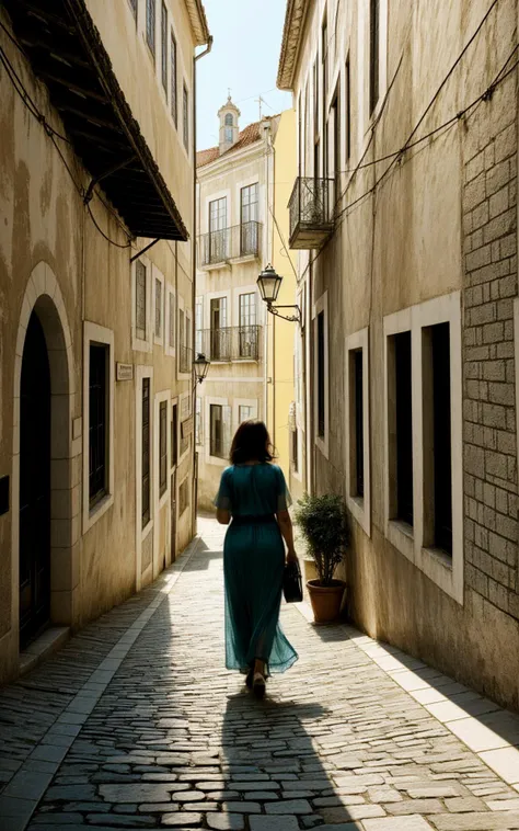 (style of Fan Ho), [vibrant Lisbon lightplay:urban texture:0.8] composition, capturing a mesmerizing moment of a woman moving through a narrow alley in Lisbon, Portugal, her form bathed in the interplay of light and shadow. Her attire, a simple yet elegant dress, mirrors the myriad of pastel hues that adorn the city's buildings, its fabric catching the sunlight that filters through the alley, creating a dynamic silhouette against the cobblestones. Her presence is accentuated by the subtle, intricate patterns of the azulejo tiles that line the walls around her, their historic designs a testament to Portuguese artistry. The scene is set within the labyrinthine hilly streets of Lisbon, where every turn reveals a new vista of architectural beauty and light. The composition focuses on the stark contrasts and soft transitions between light and shadow, crafting a narrative of exploration and discovery. The woman's path through the alley, bordered by the unique textures and colors of Lisbon's urban landscape, becomes a journey through a city alive with history and vibrant energy. This photograph captures a fleeting moment of connection between the subject and her surroundings, where the interplay of light and shadow tells a story of the day's beginning or end. It's a celebration of Lisbon's architectural charm, from the variegated pastel-colored buildings to the decorative azulejo tiles that offer a glimpse into the past. The image is a poetic reflection on the beauty of the mundane, transforming an ordinary walk through the city into an extraordinary exploration of light, texture, and color.  HairDetail EyeDetail