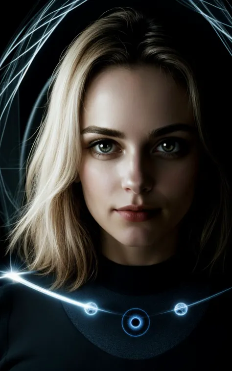 A quantum physicist woman, manipulating realities and dimensions in her lab, opens a portal to a parallel universe, her eyes reflecting the multiverse. HairDetail EyeDetail
