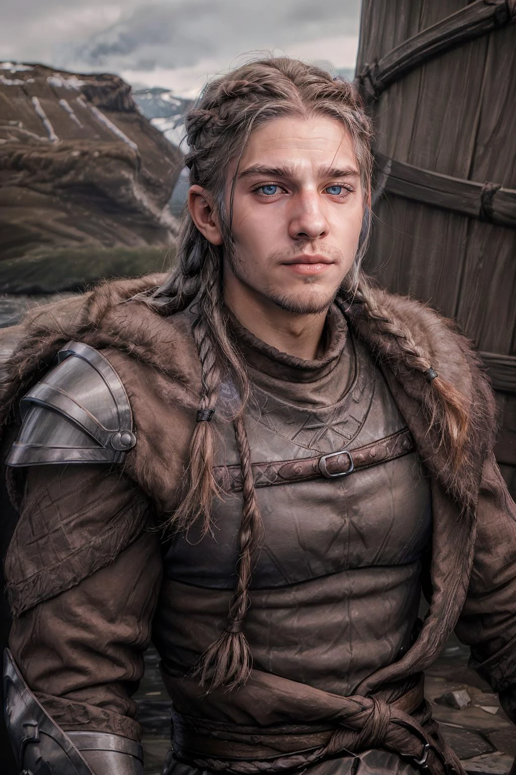 male focus, sc_calvin <lora:sc_calvin-06:0.8> relaxed determined expression, <lora:v1k1ng:0.5> dressed as V1k1ng, furs, leather armor, braids, revealing, Icelandic viking background