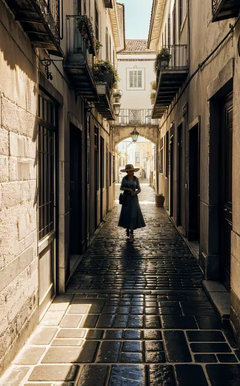 (masterpiece, wide angle, cinematic establishing shot, young adult european woman, highly detailed background:1.2),volumetric lighting,subsurface scattering,dynamic pose,(special effects, color grading, fantasy aura),(high quality:1.4),(best quality:1.4),(masterpiece:1.4),official art,official wallpaper,surreal,(detailed landscape:1.1),(whimsical atmosphere:1.1),(powerful energy:1.1),vibrant colors,(detailed:1.05),(extremely detailed:1.06),sharp focus,(intricate:1.03),cinematic lighting,(extremely intricate:1.04),(adorned:1.09), (style of Fan Ho), [vibrant Lisbon lightplay:urban texture:0.8] composition, capturing a mesmerizing moment of a woman moving through a narrow alley in Lisbon, Portugal, her form bathed in the interplay of light and shadow. Her attire, a simple yet elegant dress, mirrors the myriad of pastel hues that adorn the city's buildings, its fabric catching the sunlight that filters through the alley, creating a dynamic silhouette against the cobblestones. Her presence is accentuated by the subtle, intricate patterns of the azulejo tiles that line the walls around her, their historic designs a testament to Portuguese artistry. The scene is set within the labyrinthine hilly streets of Lisbon, where every turn reveals a new vista of architectural beauty and light. The composition focuses on the stark contrasts and soft transitions between light and shadow, crafting a narrative of exploration and discovery. The woman's path through the alley, bordered by the unique textures and colors of Lisbon's urban landscape, becomes a journey through a city alive with history and vibrant energy. This photograph captures a fleeting moment of connection between the subject and her surroundings, where the interplay of light and shadow tells a story of the day's beginning or end. It's a celebration of Lisbon's architectural charm, from the variegated pastel-colored buildings to the decorative azulejo tiles that offer a glimpse into the past. The image is a poetic reflection on the beauty of the mundane, transforming an ordinary walk through the city into an extraordinary exploration of light, texture, and color.