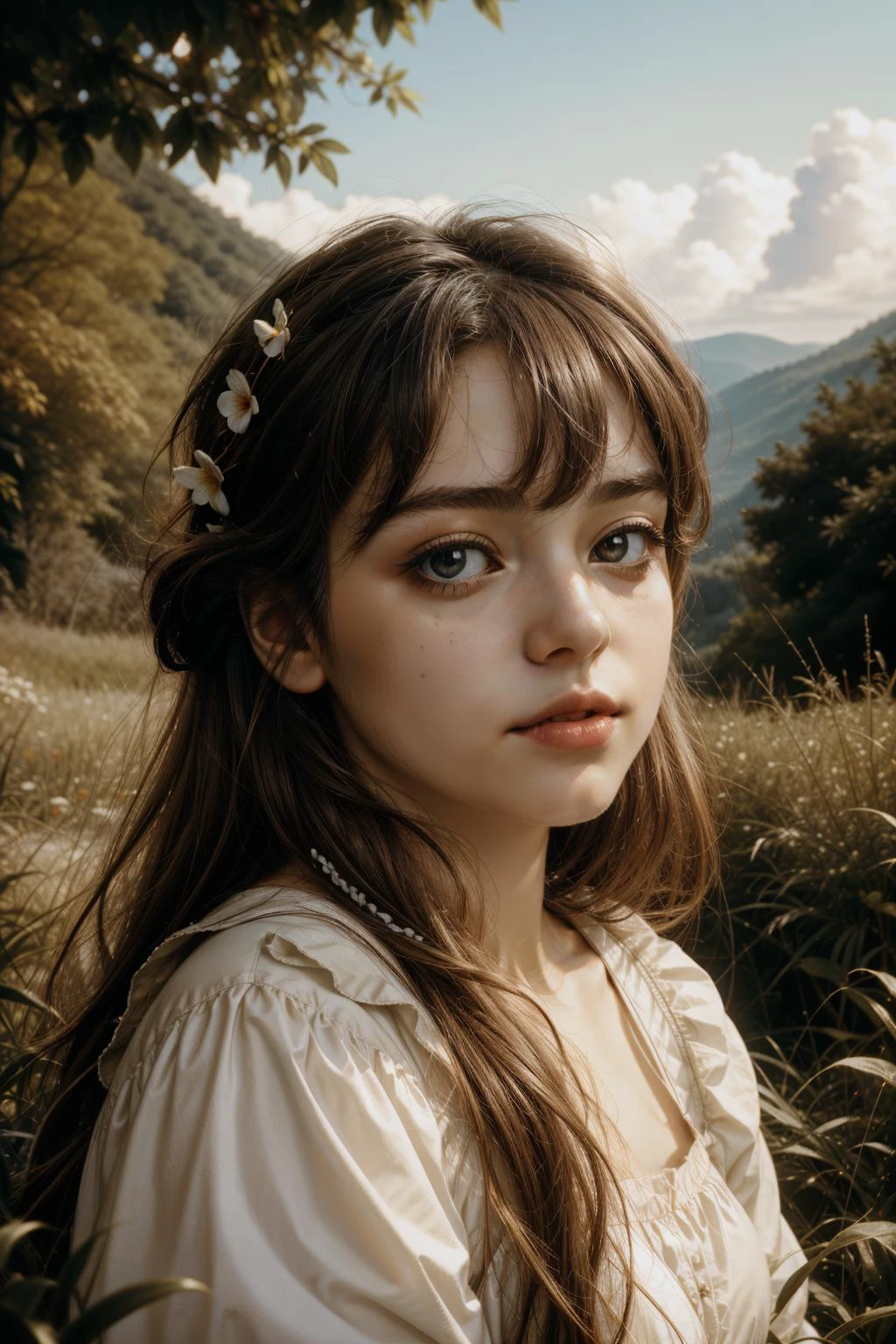 1girl, professional RAW photo, (Cream theme:0.7) , extreme wide shot of a ("The Deity of Bounty":1.3) , it is very [Vintage|Cosmic rays] and Caring, dense flora and hillside, at Twilight, tilt shift, (portrait art by Albrecht Anker:1.3) , (Theo van Doesburg:1.2) , (Arnoldo Pomodoro:1.2) , Anime screencap, Joyful, Gutai Group, Motion blur, sharp and in focus, Fujicolor Pro 400H, 50mm, CineColor, Simplified style, overlapping compositions, highly detailed, ultra high res