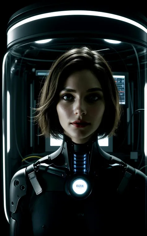 A woman, a pioneering AI developer, stands in her lab, surrounded by screens displaying code and digital consciousness, reflecting the dawn of sentient machines. HairDetail EyeDetail