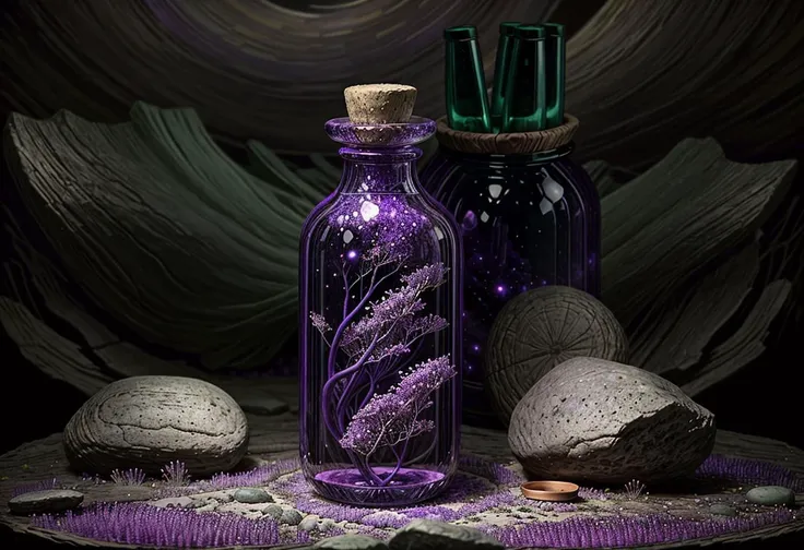 beautiful scenery nature glass bottle landscape, purple galaxy bottle