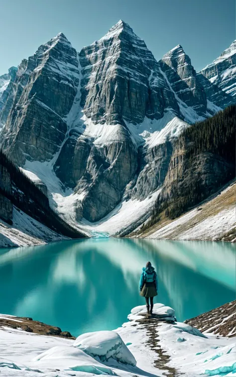 [pristine wilderness:Banff National Park majesty:0.5] landscape, capturing the awe-inspiring beauty of Banff National Park, Canada, through a visitor's journey. Amidst this picturesque setting, a figure emerges, a woman who personifies the adventurous spirit of those drawn to the wild. Her attire is a ((sophisticated blend of outdoor elegance and practicality)), featuring a warm, fitted cleavage parka that reflects the icy hues of the park's turquoise lakes, paired with rugged, waterproof hiking boots ready to tread the varied terrains. Her outfit is thoughtfully accessorized with thermal gloves and a woolen beanie, ensuring warmth against the crisp mountain air, while a lightweight backpack carries essentials for her day's exploration. She stands before a breathtaking vista: the vivid turquoise waters of a glacial lake, so vibrant they seem otherworldly, contrasted against the stark, majestic backdrop of snow-capped mountains. The dense, verdant pine forests envelop the scene, adding a sense of depth and serenity. The composition captures a moment of reflection, as she gazes across the landscape, her presence small yet significant amidst the vastness of nature. The photograph encapsulates the tranquility and grandeur of Banff, with the subject serving as a bridge between the viewer and the sublime beauty of the Canadian Rockies, inviting a sense of wonder and exploration.  safe_pos