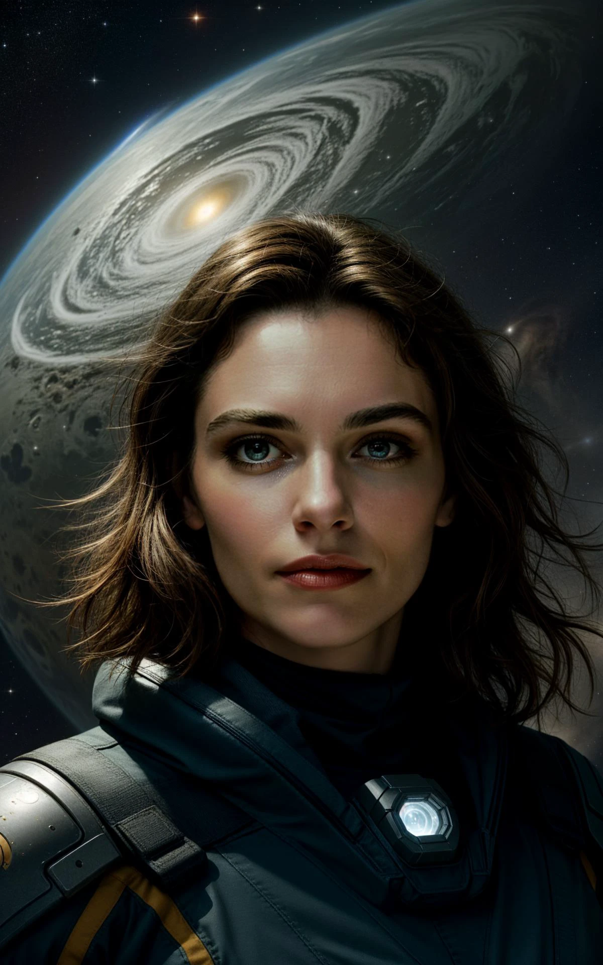 A woman, captain of a starship, navigates through a nebula, her face illuminated by the cosmos, as she charts a course to distant galaxies. HairDetail EyeDetail