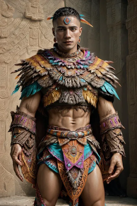 official portrait, Mayan ruins, confident expression, looking at viewer, noble pose, wearing (loincloth skirt), intricate symbolic artwork, jordan_torres <lora:jt-prodigy-06:1> wearing azt3ch Mayan knight armor and robes with (feathers:1) <lora:Clothing - Aztech Armor:0.8>, bold colors, strong confident (heroic) stance, Chacah, cacao flowers, copal, marigolds