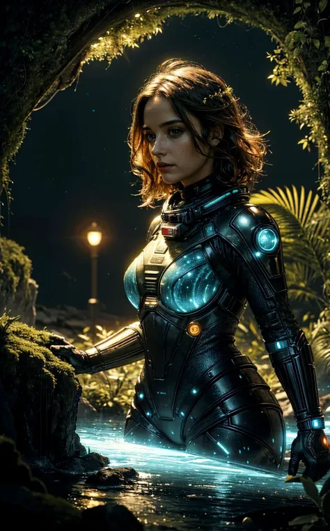 (masterpiece, wide angle, cinematic establishing shot, young adult european woman, highly detailed background:1.2),volumetric lighting,subsurface scattering,dynamic pose,(special effects, color grading, fantasy aura),(high quality:1.4),(best quality:1.4),(masterpiece:1.4),official art,official wallpaper,surreal,(detailed landscape:1.1),(whimsical atmosphere:1.1),(powerful energy:1.1),vibrant colors,(detailed:1.05),(extremely detailed:1.06),sharp focus,(intricate:1.03),cinematic lighting,(extremely intricate:1.04),(adorned:1.09), A woman astronaut explores a lush alien planet, surrounded by bioluminescent flora and floating rivers, her suit blending with the environment's vibrant hues.