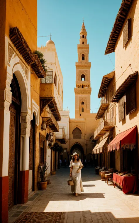 (style of Alberto García-Alix), [Andalusian charm:Marrakech mystique:0.7] exploration, capturing the vibrant journey of a woman from Sevilla as she navigates the mesmerizing cityscape of Marrakech, Morocco. Her ensemble is a tasteful blend of Spanish flair and Moroccan tradition, featuring a ((lightweight, flowing dress adorned with intricate patterns)), its colors reflecting the warm hues of the city. The dress, with its fluid lines and subtle embroidery, nods to the intricate Moorish architecture surrounding her. Complemented by a simple, yet elegant, pair of leather sandals and a broad-brimmed hat to shield her from the Moroccan sun, her look is finished with a statement piece of jewelry, a necklace that captures the artistic spirit of both cultures. The backdrop is a vivid tableau of Marrakech's bustling markets and the iconic red sandstone buildings that define the city's skyline. She moves with ease through the labyrinthine souks, each turn unveiling a new array of senses; from the rich aroma of spices to the kaleidoscope of fabrics and crafts that line the stalls. The intricate patterns of Moorish design are echoed in the backdrop, with the majestic Koutoubia Mosque in the distance, its minaret towering over the city as a testament to architectural grandeur. The composition captures a moment of connection between the woman and the city; her gaze, one of wonder and curiosity, reflects a deep appreciation for the beauty and complexity of Marrakech. This scene is not just a visual journey but a narrative of cultural dialogue, where the vibrant energy of Sevilla meets the mystical charm of Marrakech, creating a harmonious blend that transcends borders. Through her eyes, we experience the fusion of Andalusian and Moroccan aesthetics, a testament to the shared history and enduring allure of these two distinct, yet intertwined worlds.  HairDetail EyeDetail