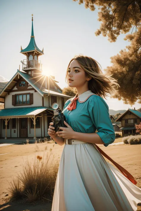 1girl, (scene art stylized by Brent Heighton:0.8) , landscape art, awardwinning Photograph, intricate background, cinematic shot of a Intellectual 1940'S ("The Campaign":1.3) , award winning, Comely tavern in background, Stressed grass and Turquoise planet in background, Sun in the sky, tilt shift, still, Horror, Modern Art, Moonlit, Cinematic, Kodak gold 200, Zoom lens, Film grain, Light streaks, White and Coral, artstation, wallpaper