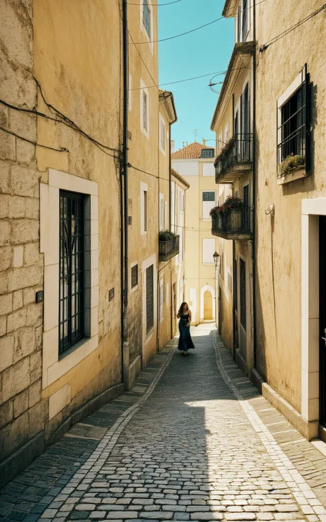 (style of Fan Ho), [vibrant Lisbon lightplay:urban texture:0.8] composition, capturing a mesmerizing moment of a woman moving through a narrow alley in Lisbon, Portugal, her form bathed in the interplay of light and shadow. Her attire, a simple yet elegant dress, mirrors the myriad of pastel hues that adorn the city's buildings, its fabric catching the sunlight that filters through the alley, creating a dynamic silhouette against the cobblestones. Her presence is accentuated by the subtle, intricate patterns of the azulejo tiles that line the walls around her, their historic designs a testament to Portuguese artistry. The scene is set within the labyrinthine hilly streets of Lisbon, where every turn reveals a new vista of architectural beauty and light. The composition focuses on the stark contrasts and soft transitions between light and shadow, crafting a narrative of exploration and discovery. The woman's path through the alley, bordered by the unique textures and colors of Lisbon's urban landscape, becomes a journey through a city alive with history and vibrant energy. This photograph captures a fleeting moment of connection between the subject and her surroundings, where the interplay of light and shadow tells a story of the day's beginning or end. It's a celebration of Lisbon's architectural charm, from the variegated pastel-colored buildings to the decorative azulejo tiles that offer a glimpse into the past. The image is a poetic reflection on the beauty of the mundane, transforming an ordinary walk through the city into an extraordinary exploration of light, texture, and color.  HairDetail EyeDetail