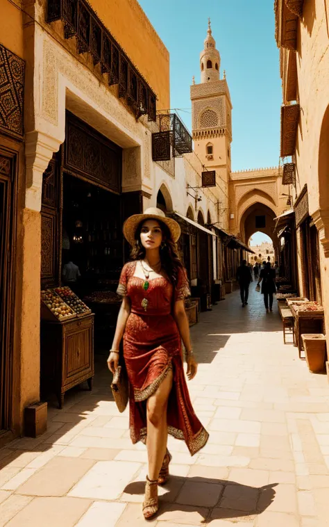 (style of Alberto García-Alix), [Andalusian charm:Marrakech mystique:0.7] exploration, capturing the vibrant journey of a woman from Sevilla as she navigates the mesmerizing cityscape of Marrakech, Morocco. Her ensemble is a tasteful blend of Spanish flair and Moroccan tradition, featuring a ((lightweight, flowing dress adorned with intricate patterns)), its colors reflecting the warm hues of the city. The dress, with its fluid lines and subtle embroidery, nods to the intricate Moorish architecture surrounding her. Complemented by a simple, yet elegant, pair of leather sandals and a broad-brimmed hat to shield her from the Moroccan sun, her look is finished with a statement piece of jewelry, a necklace that captures the artistic spirit of both cultures. The backdrop is a vivid tableau of Marrakech's bustling markets and the iconic red sandstone buildings that define the city's skyline. She moves with ease through the labyrinthine souks, each turn unveiling a new array of senses; from the rich aroma of spices to the kaleidoscope of fabrics and crafts that line the stalls. The intricate patterns of Moorish design are echoed in the backdrop, with the majestic Koutoubia Mosque in the distance, its minaret towering over the city as a testament to architectural grandeur. The composition captures a moment of connection between the woman and the city; her gaze, one of wonder and curiosity, reflects a deep appreciation for the beauty and complexity of Marrakech. This scene is not just a visual journey but a narrative of cultural dialogue, where the vibrant energy of Sevilla meets the mystical charm of Marrakech, creating a harmonious blend that transcends borders. Through her eyes, we experience the fusion of Andalusian and Moroccan aesthetics, a testament to the shared history and enduring allure of these two distinct, yet intertwined worlds.  HairDetail EyeDetail