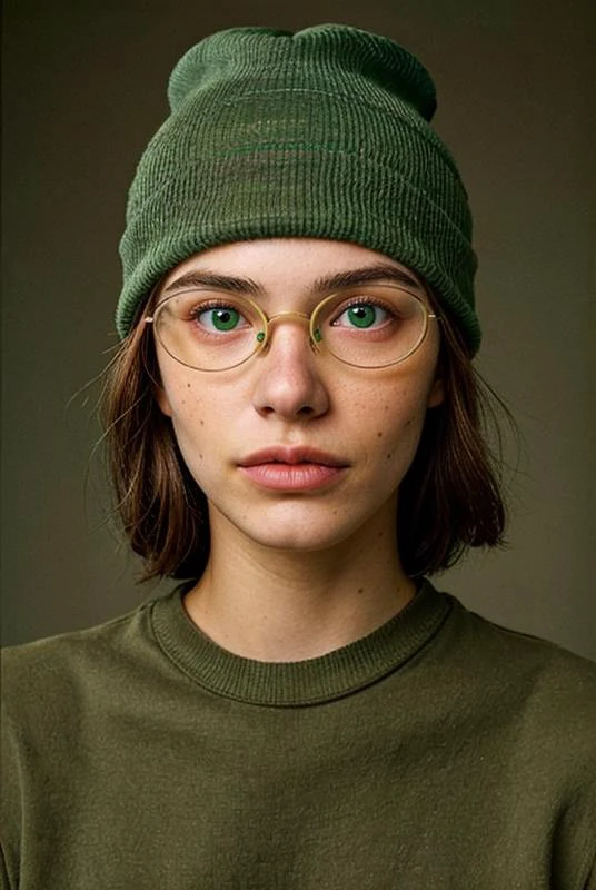 (analog photo) of a beautiful 20-year-old woman wearing a beanie and (wearing round glasses:1.2), one brown eye, one green eye, heterochromia, natural skin texture, realistic skin texture, (skin pores:0.8), (skin oils:0.6), masterpiece, Fine art photography, award winning photography, <lora:FilmVelvia3:0.6>