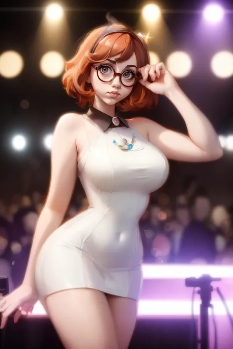 dramatic cartoon portrait 3lba_n0texist spectacles in a white minidress heels in a nightclub, looking at the camera, cinematic angle, Bokeh effect, dynamic lighting, photorealistic, high detail