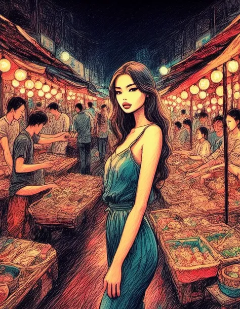 <lora:Milo_Manara_Style_Concept:0.7>
masterpiece of traditional media, young woman, mlmnr style, colorfull hand-drawn Bustling Night Markets