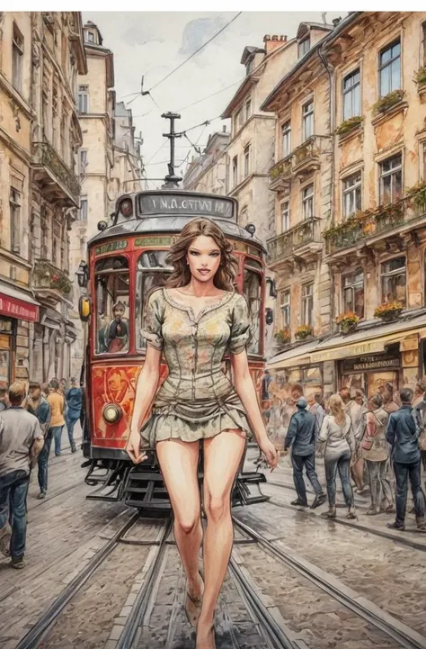 An enchanting summer night in a city where only half-naked women live and glowing streetcars without drivers glide along the tracks. A portret of beautiful long-hair nude busty woman in front of this city location. No ugly faces, no bad eyes.