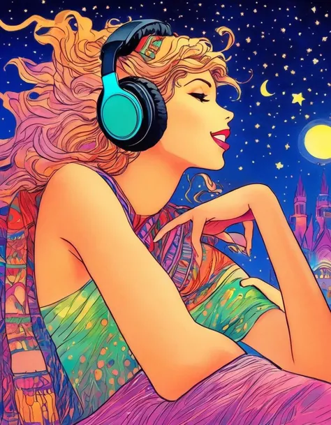 <lora:Milo_Manara_Style_Concept:0.7>
masterpiece of traditional media, mlmnr style, colorfull hand-drawn
Woman, Listening to music, hand over headset, Night scene
