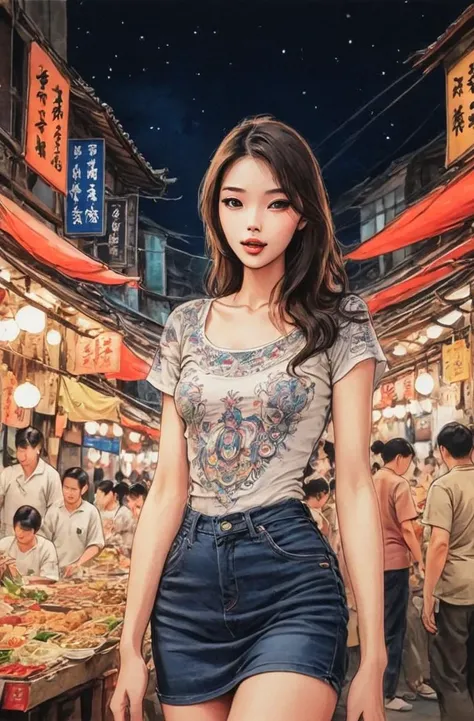<lora:Milo_Manara_Style XL:1> masterpiece of traditional media, intricate details, best hand-drawn quality, young woman, mlmnr style, colorfull hand-drawn Bustling Night Markets in Asia